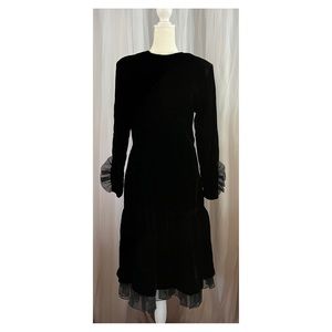 Vintage Martin Ross Black Velvet Dress / Size 6 Drop Waist Pleated Chiffon Trim